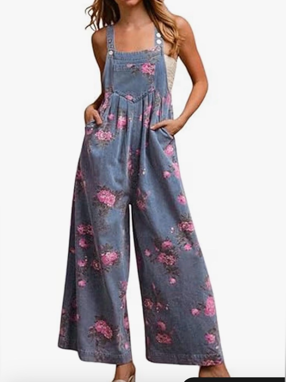 Boutique Floral Denim Wide-Leg Overalls in Blue with Pink Flowers